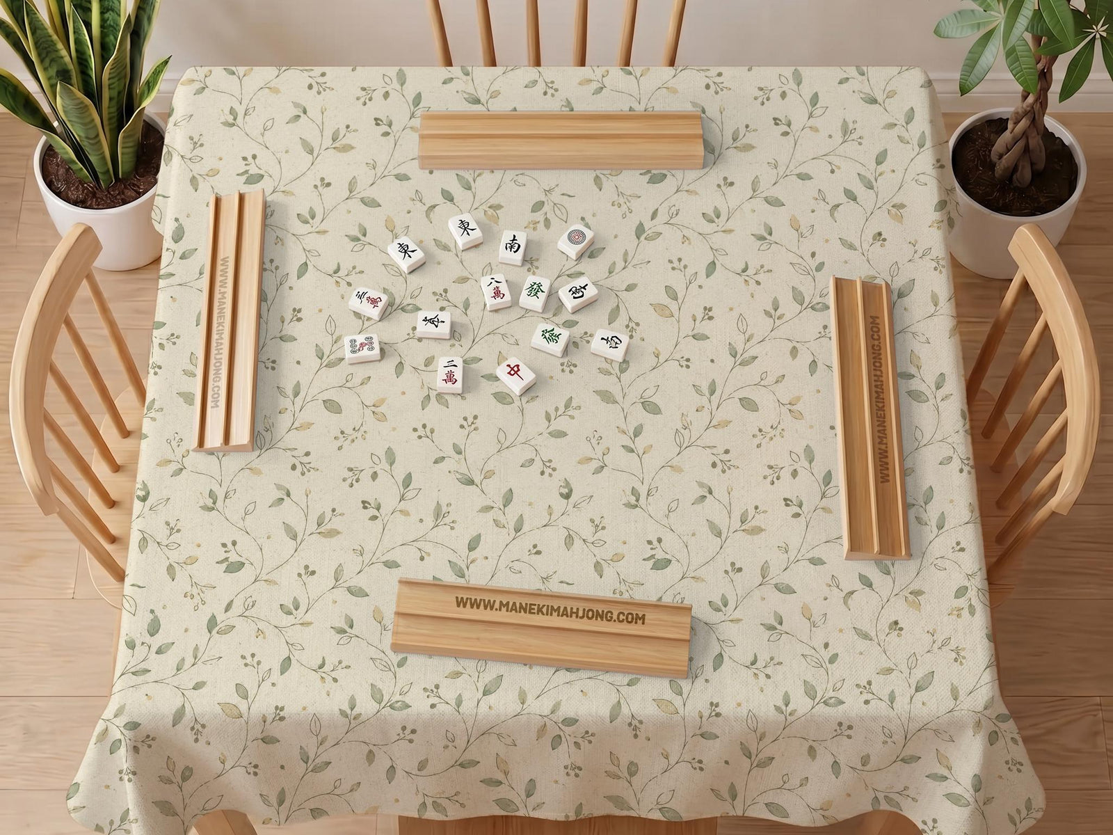 Sage green mahjong mat with vine and botanical artwork in cream neutral tones, shown in a cottagecore style with a tablecloth-style format.
