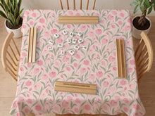Pink mahjong mat with a botanical tulip floral pattern in blush tones, shown in a tablecloth-style square layout.