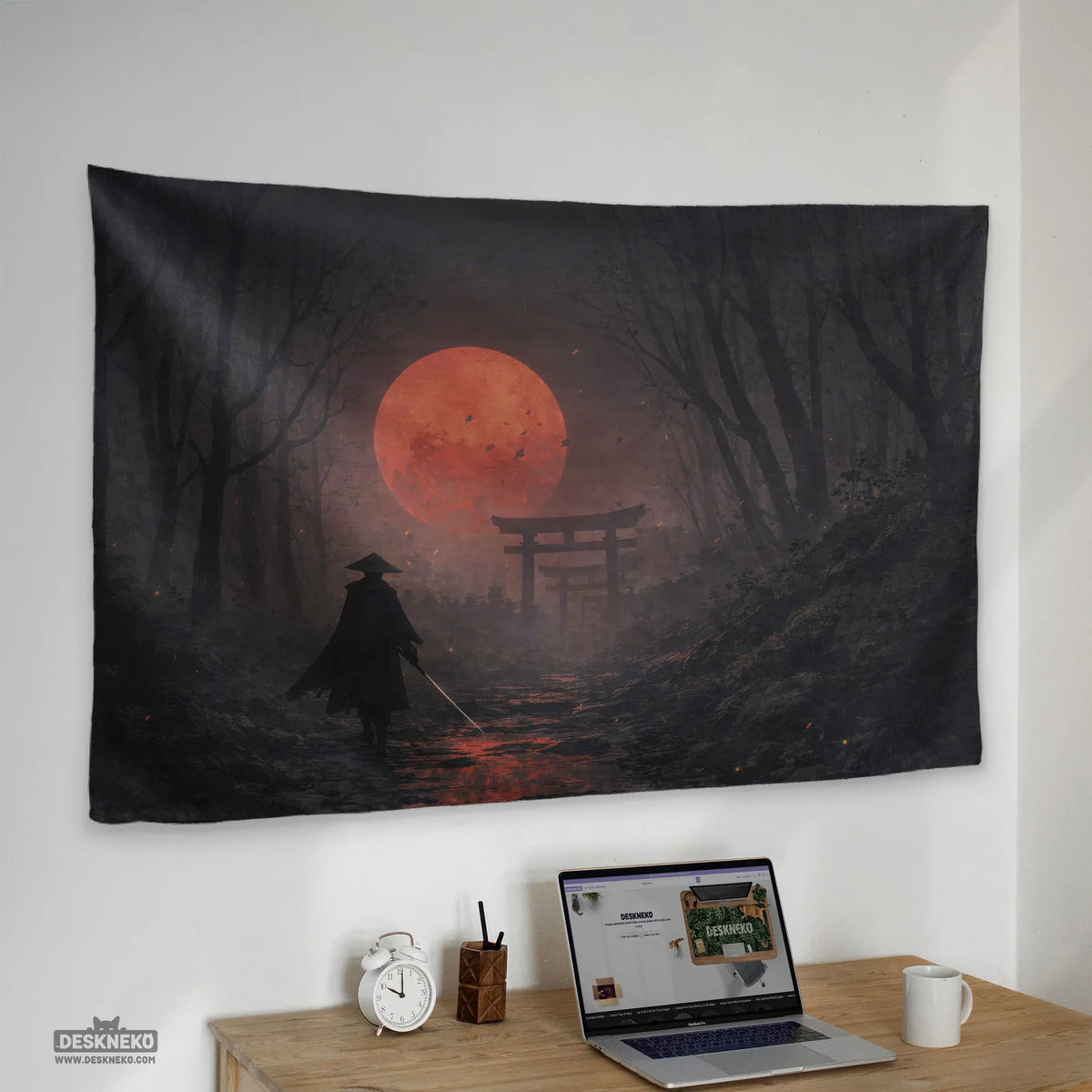 Samurai Red Moon Wall Tapestry Decor - Deskneko