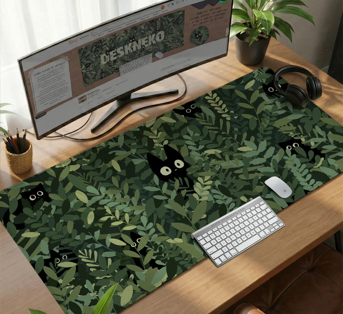 Botanical Cat Ergonomic Mousepad with Wrist Rest for Desk Comfort - Deskneko