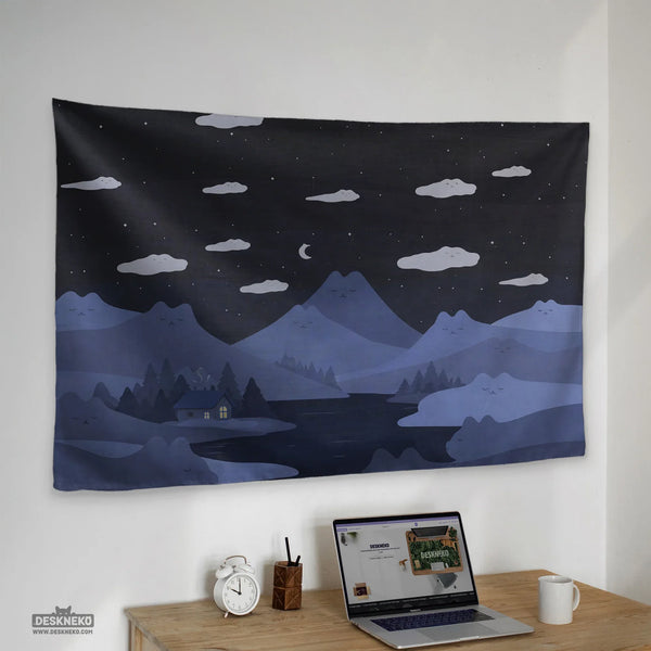 Navy Cat Hills Wall Tapestry Cozy Night Landscape - Deskneko