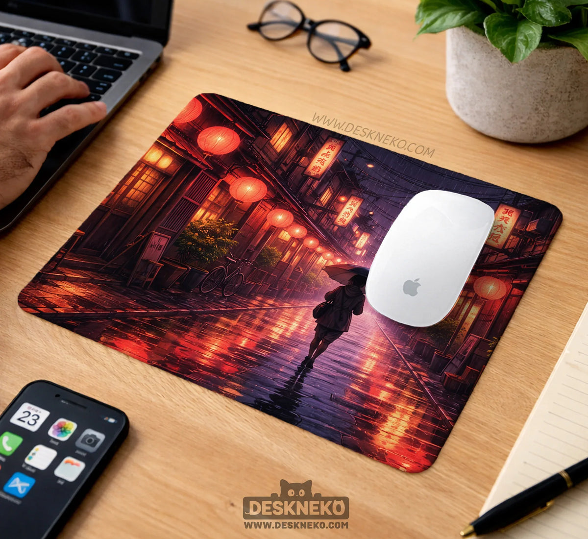 Lofi Anime Desk Mat XXL Extended Japanese Rainy Street - Deskneko