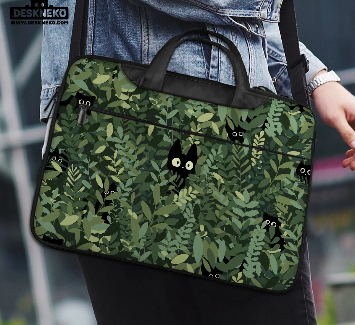 Botanical Cat Laptop Sleeve & Bag, Forest Green Aesthetic Case - Deskneko
