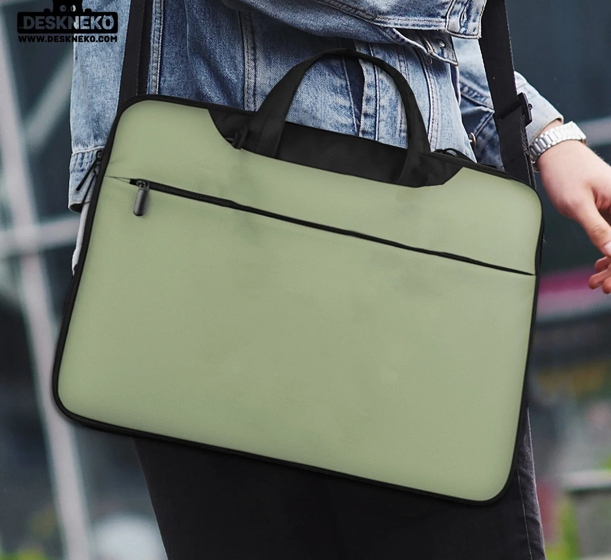 Sage Green Laptop Bag with Shoulder Strap & Handle - Deskneko