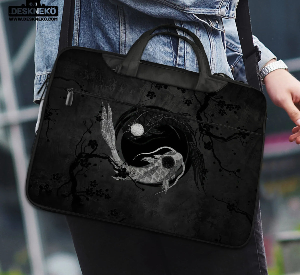 Dark Koi Yin Yang Laptop Sleeve & Bag, Japanese Ink Case - Deskneko