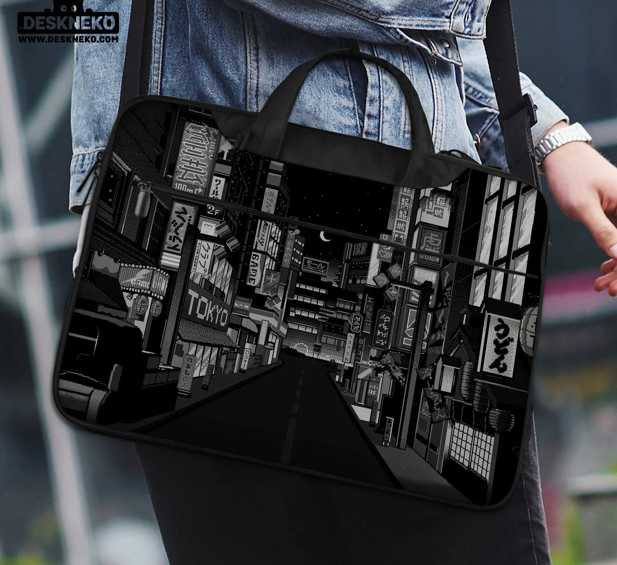 Tokyo Night Pixel Laptop Sleeve & Bag – Monochrome Cyberpunk Case - Deskneko