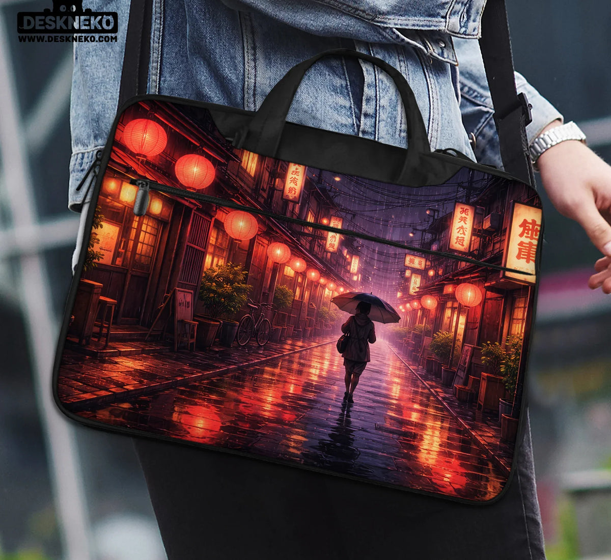 Lofi Anime Laptop Sleeve & Bag Japanese Rainy Street Aesthetic - Deskneko