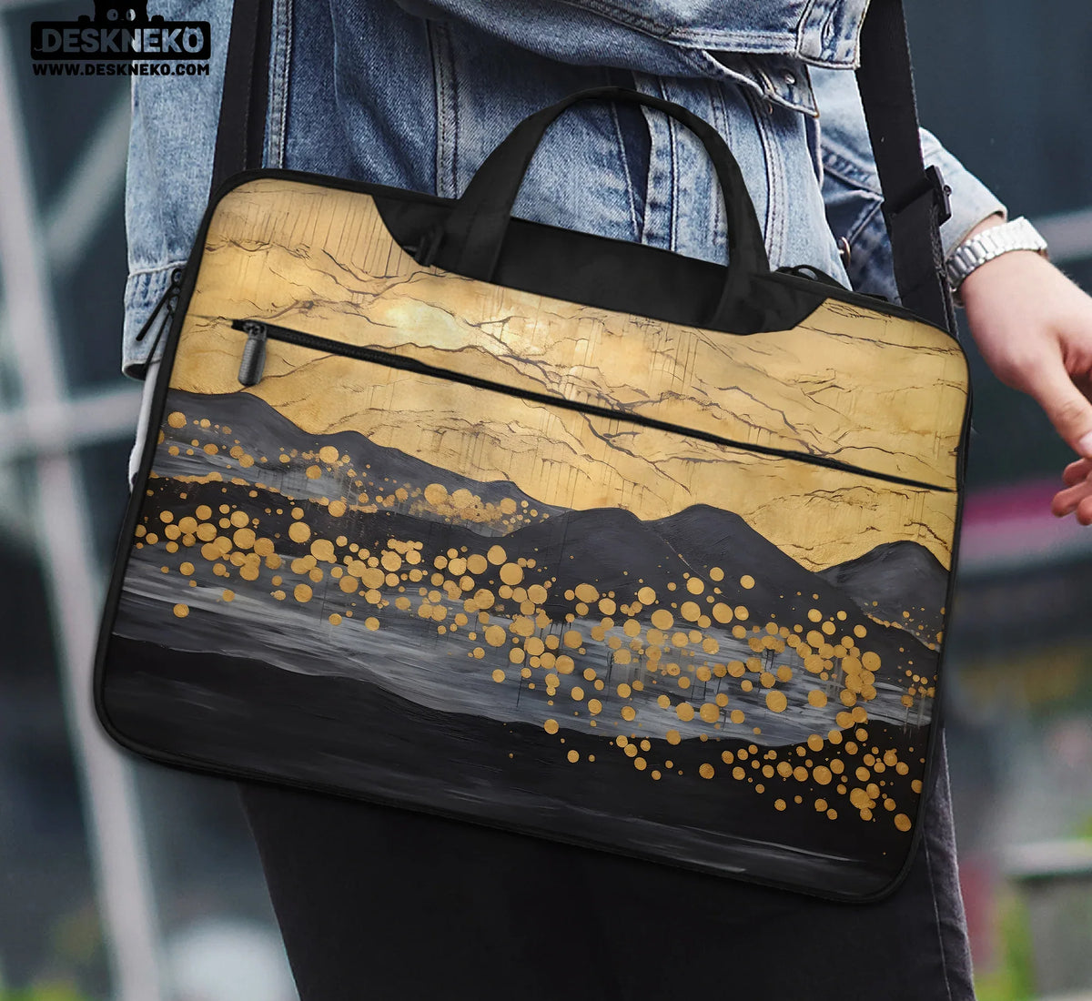 Gold Japandi Laptop Bag with Shoulder Strap - Deskneko
