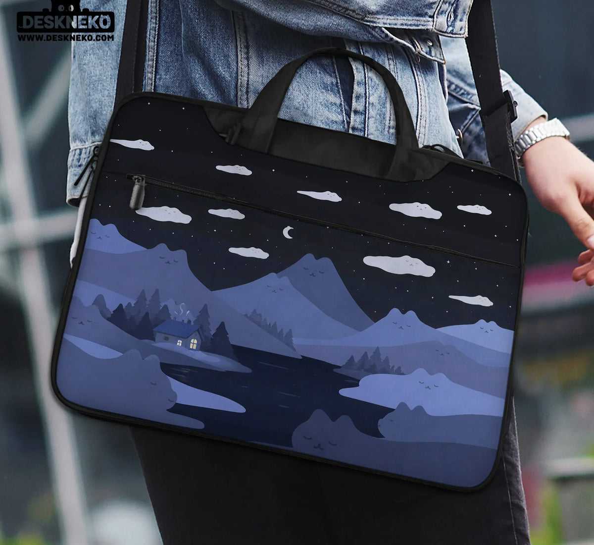 Whimisical Blue Cat Mountains Laptop Sleeve & Bag - Deskneko