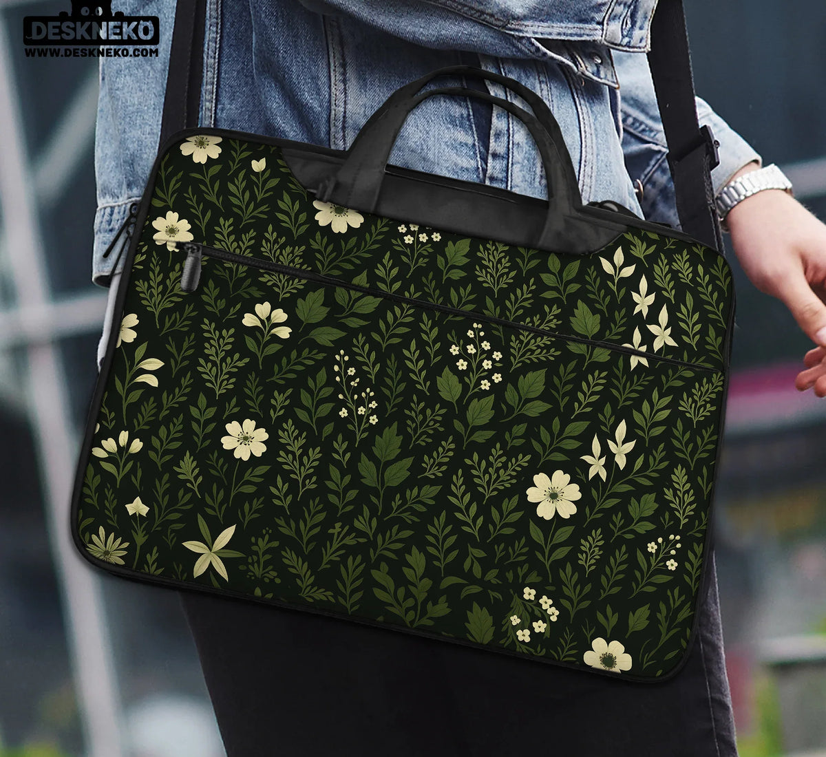 Botanical Laptop Sleeve & Bag with Dark Green Floral Pattern - Deskneko