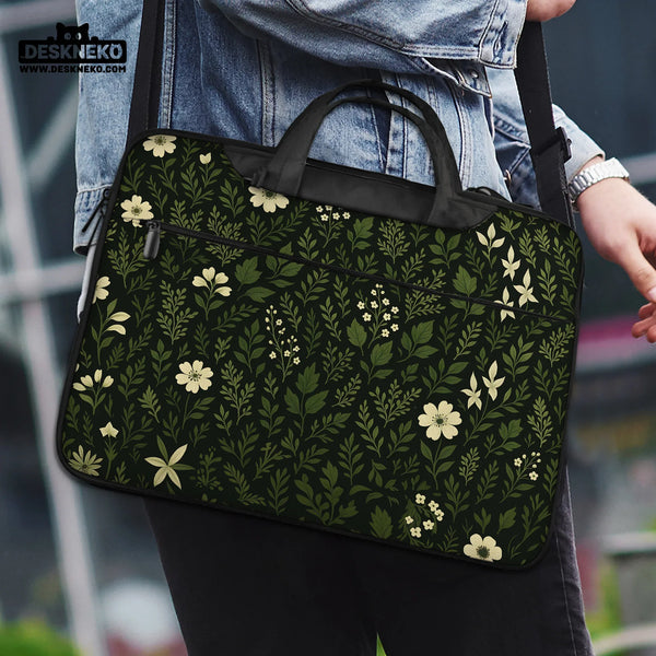Botanical Laptop Sleeve & Bag with Dark Green Floral Pattern - Deskneko