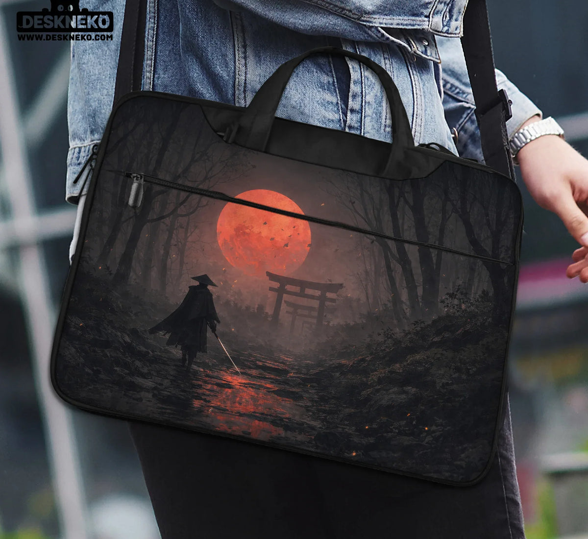 Samurai Red Moon Laptop Sleeve & Bag with Handle and Shoulder Strap - Deskneko