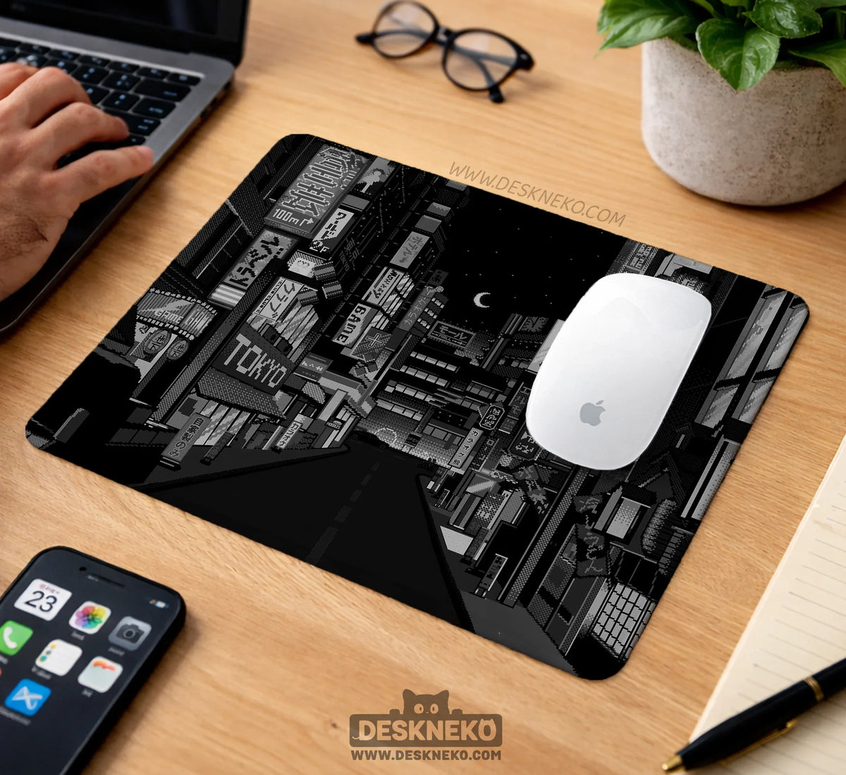 Black White Tokyo Night Desk Mat, Cyberpunk Japanese Street Mousepad - Deskneko
