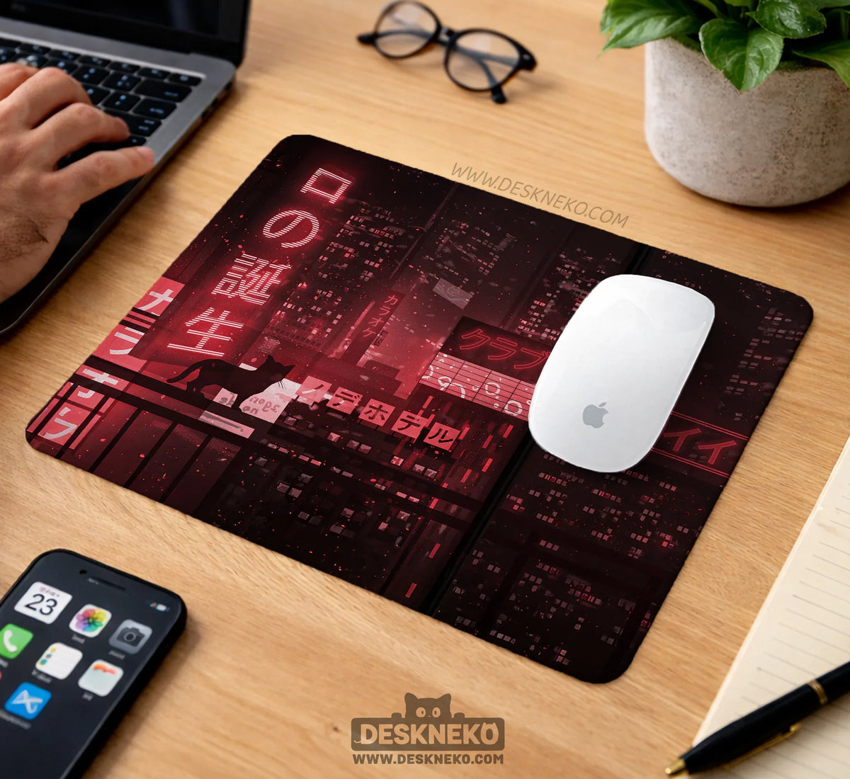 Red Cyberpunk Tokyo Cat Desk Mat - Deskneko