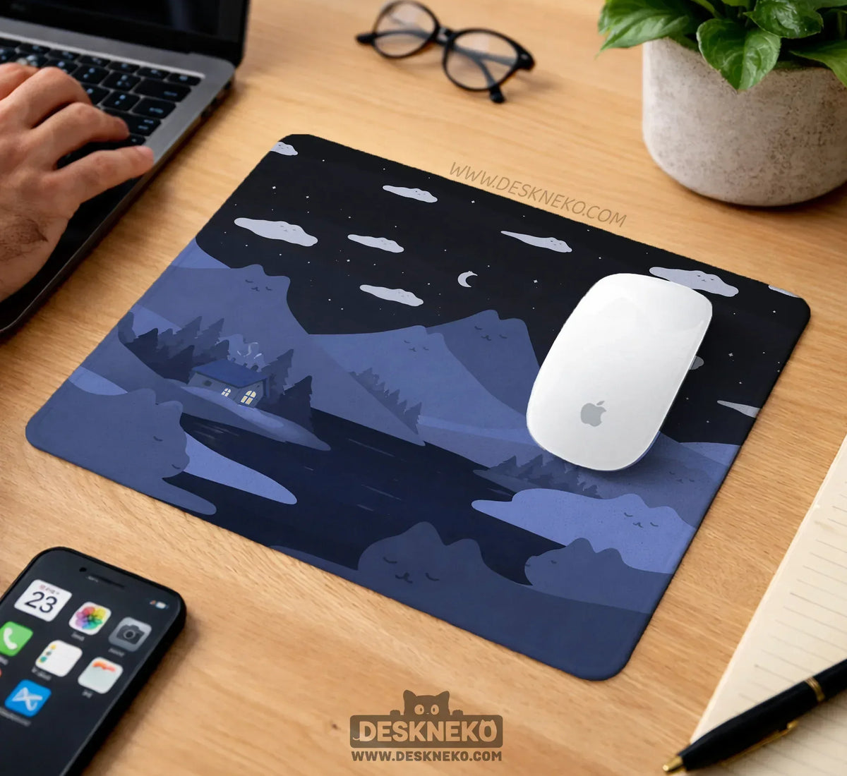 Navy Blue Mousepad Wrist Rest With Cat Shaped Hills - Deskneko