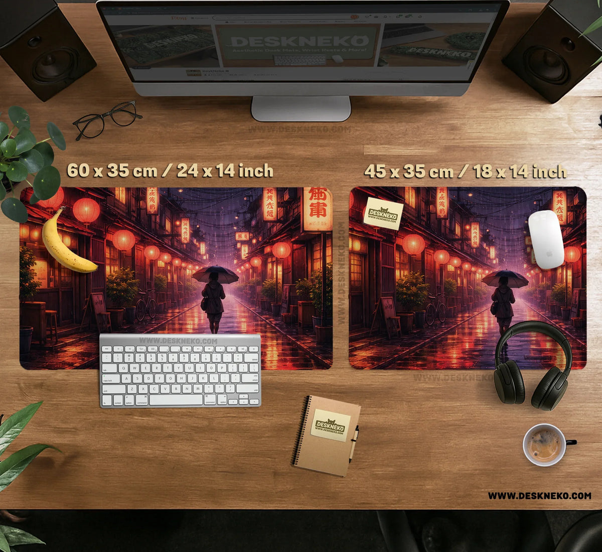 Lofi Anime Desk Mat XXL Extended Japanese Rainy Street - Deskneko