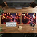 Lofi Anime Desk Mat XXL Extended Japanese Rainy Street - Deskneko