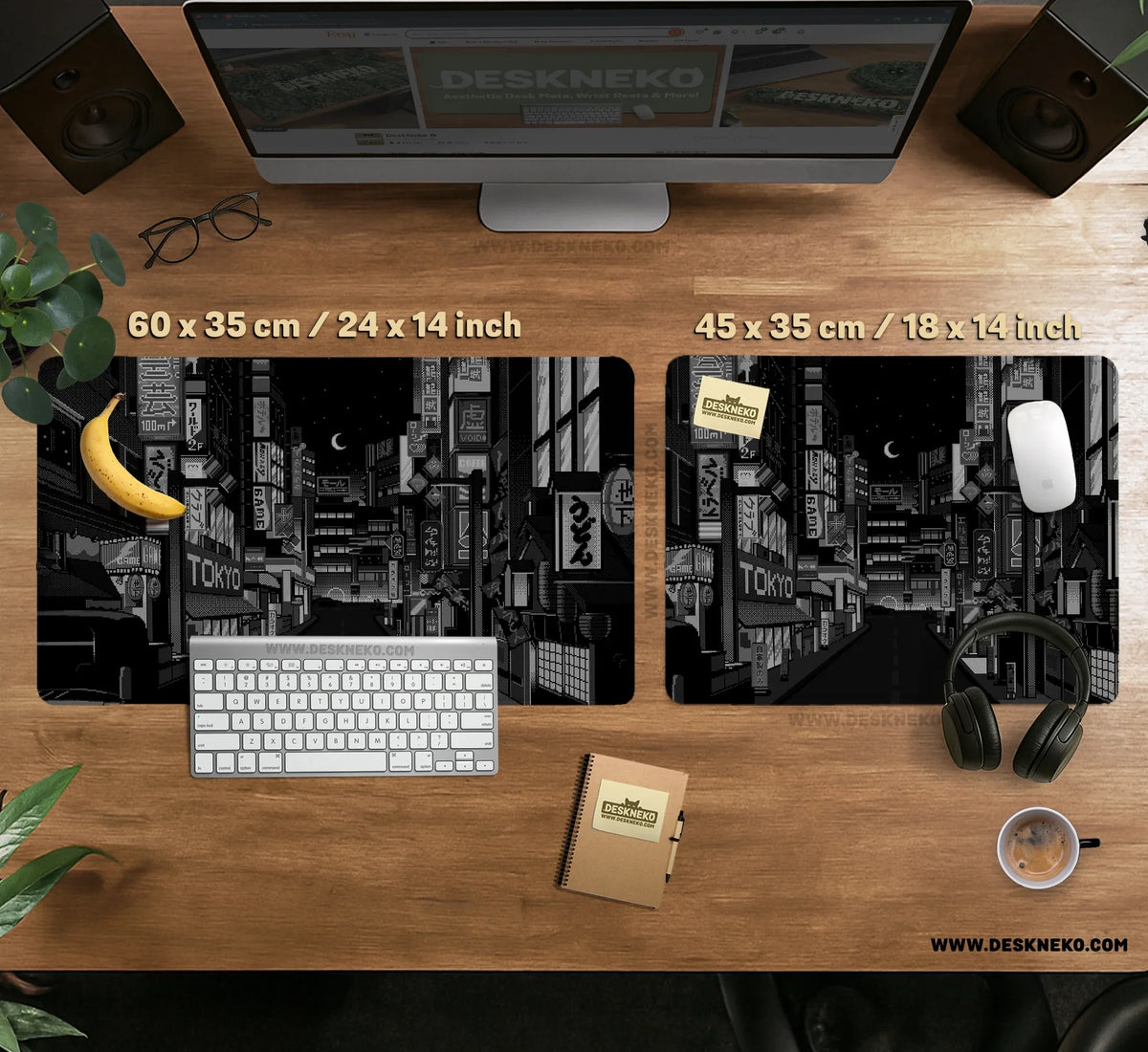 Black White Tokyo Night Desk Mat, Cyberpunk Japanese Street Mousepad - Deskneko