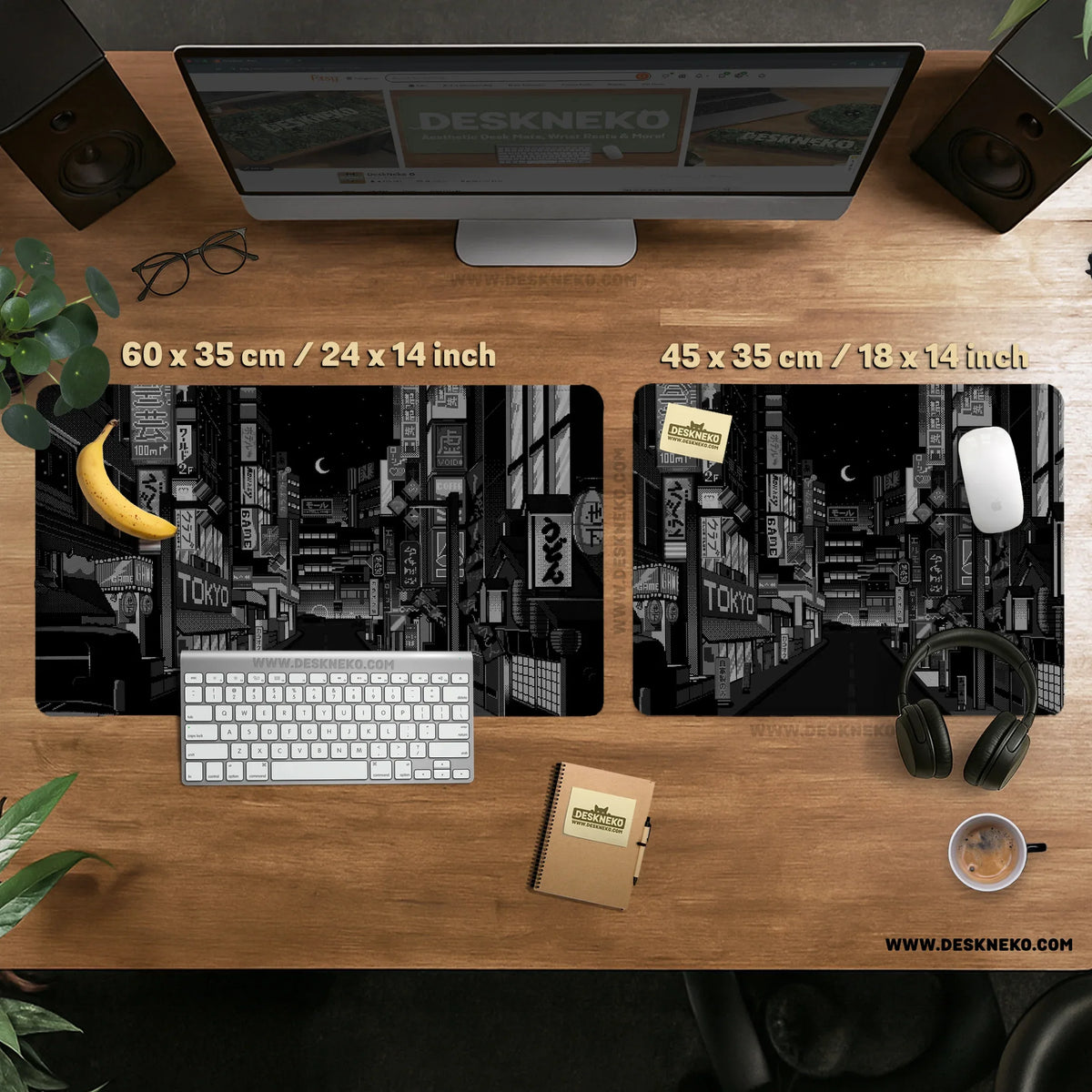 Black White Tokyo Night Desk Mat, Cyberpunk Japanese Street Mousepad - Deskneko