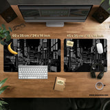 Black White Tokyo Night Desk Mat, Cyberpunk Japanese Street Mousepad - Deskneko