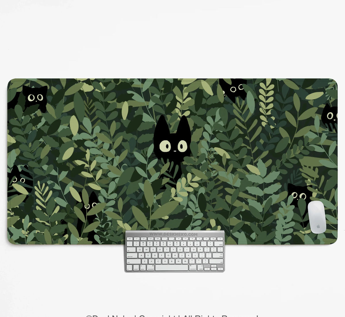 Botanical Cat Desk Mat, Cozy Green Desk Pad for Work and Gaming - Deskneko