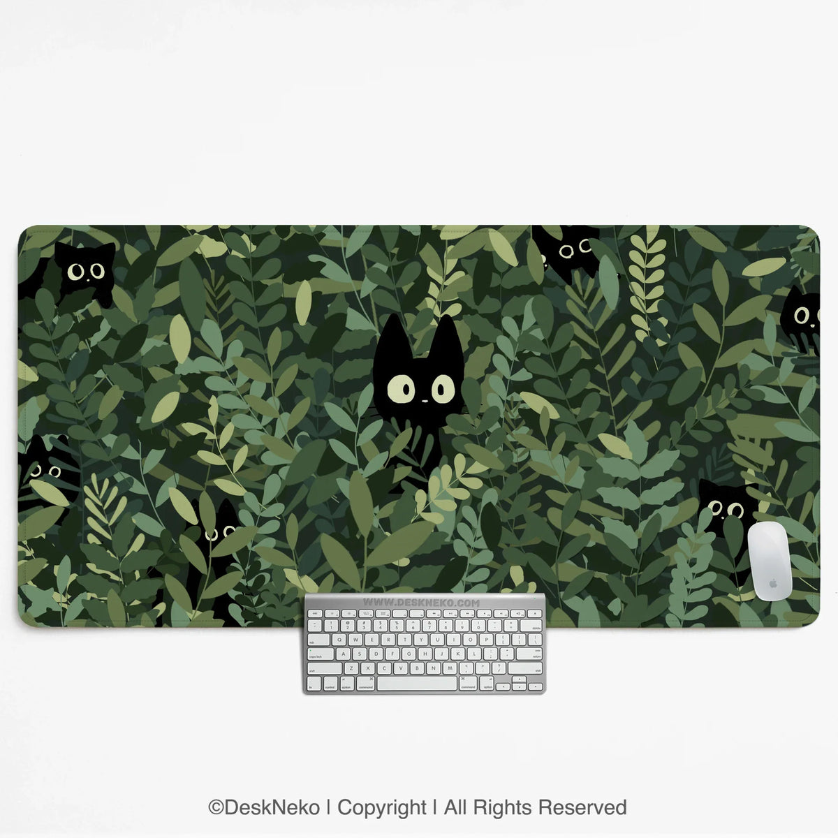 Botanical Cat Desk Mat, Cozy Green Desk Pad for Work and Gaming - Deskneko
