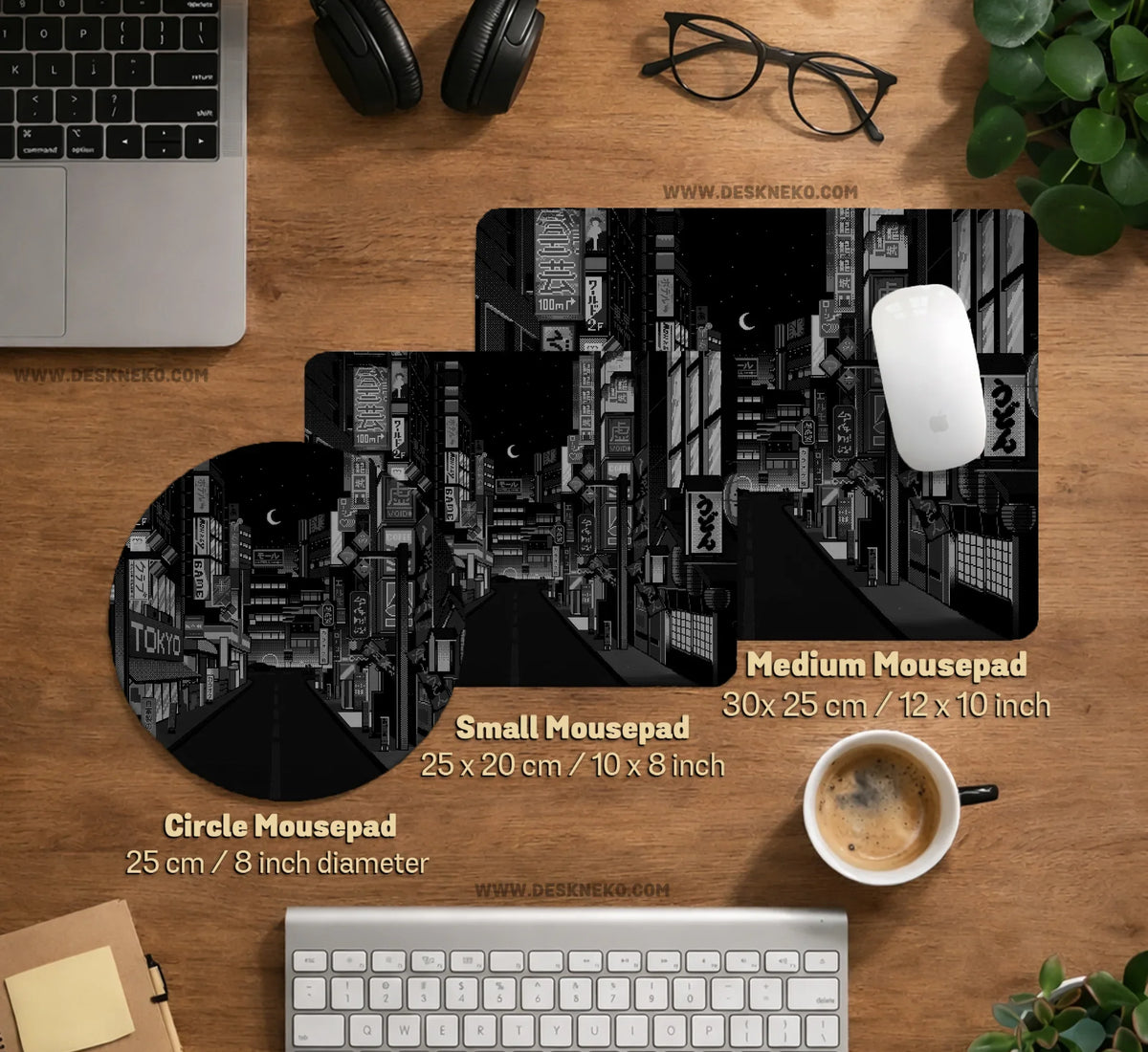 Black White Tokyo Night Desk Mat, Cyberpunk Japanese Street Mousepad - Deskneko