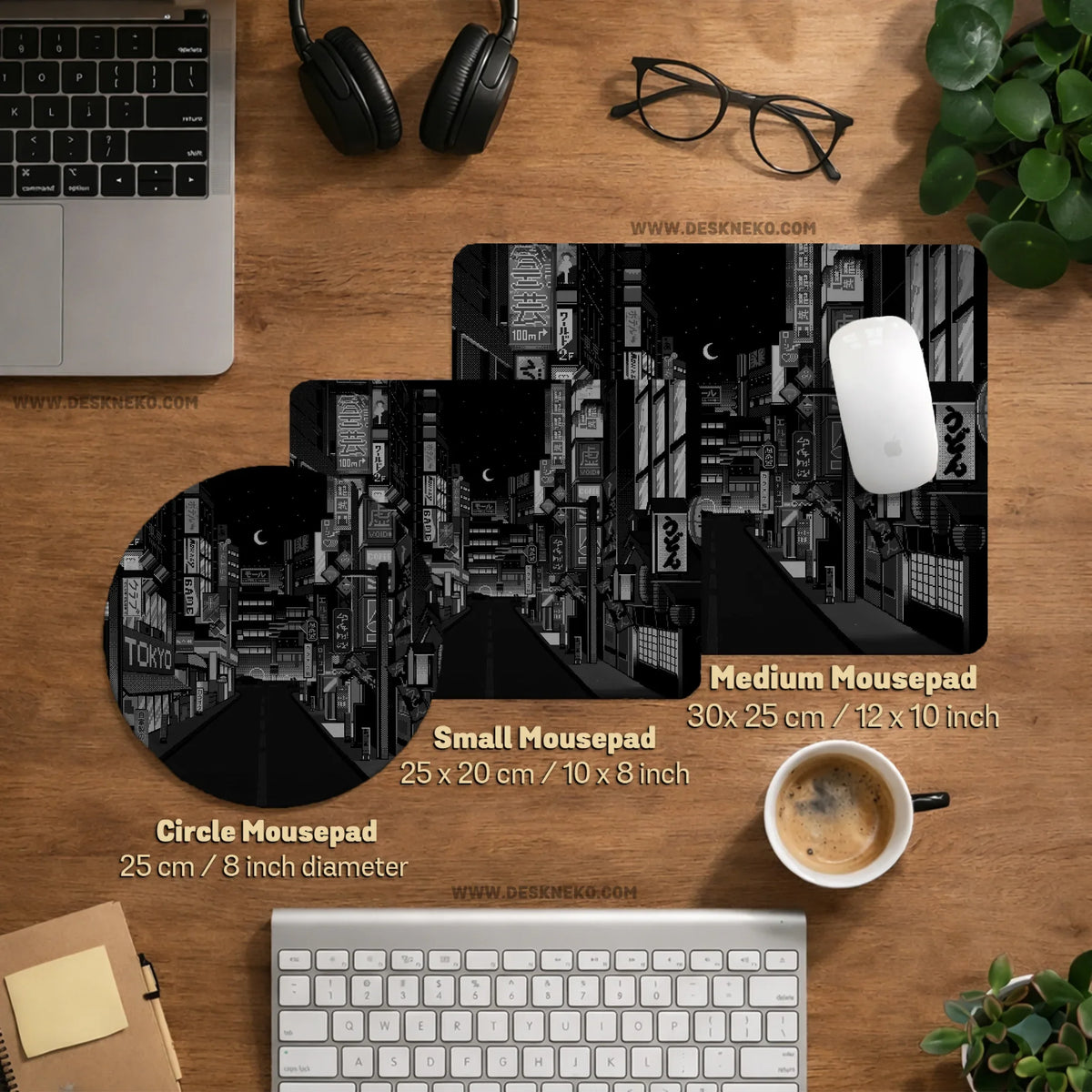 Black White Tokyo Night Desk Mat, Cyberpunk Japanese Street Mousepad - Deskneko