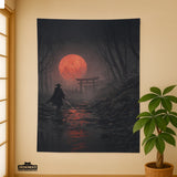 Samurai Red Moon Wall Tapestry Decor - Deskneko