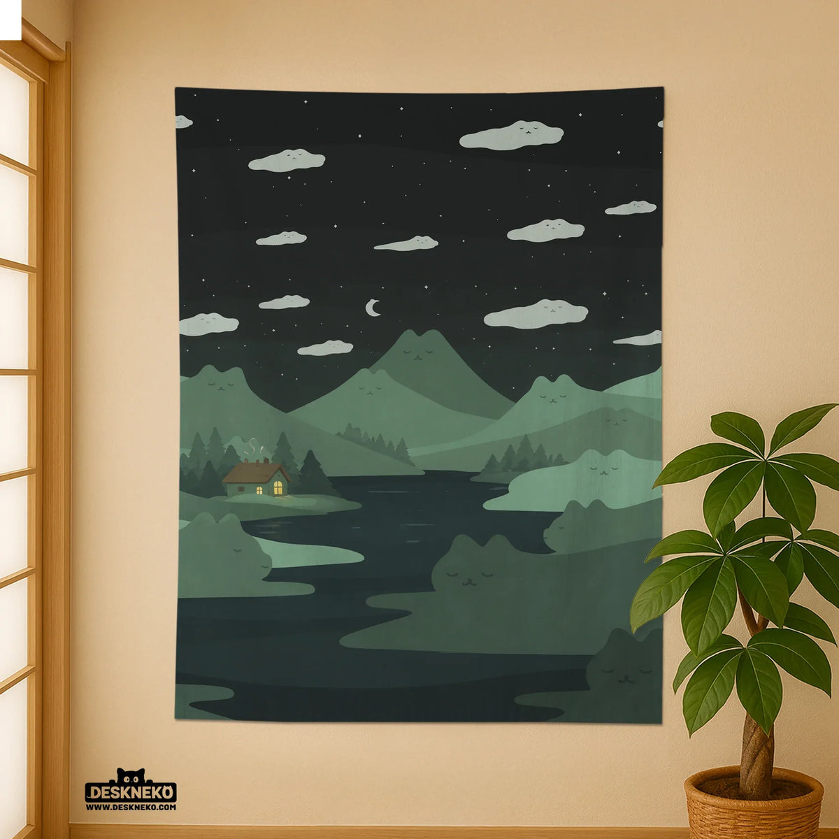 Green Cat Hills Wall Tapestry Cozy Night Landscape - Deskneko