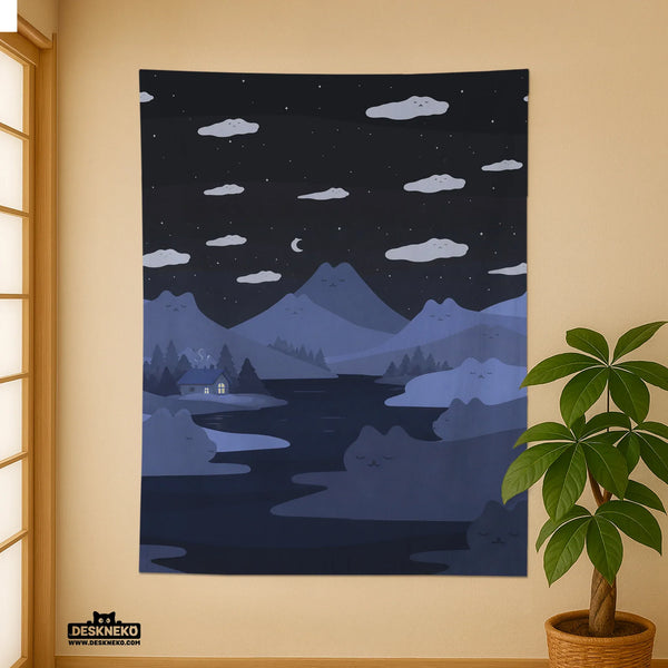 Navy Cat Hills Wall Tapestry Cozy Night Landscape - Deskneko