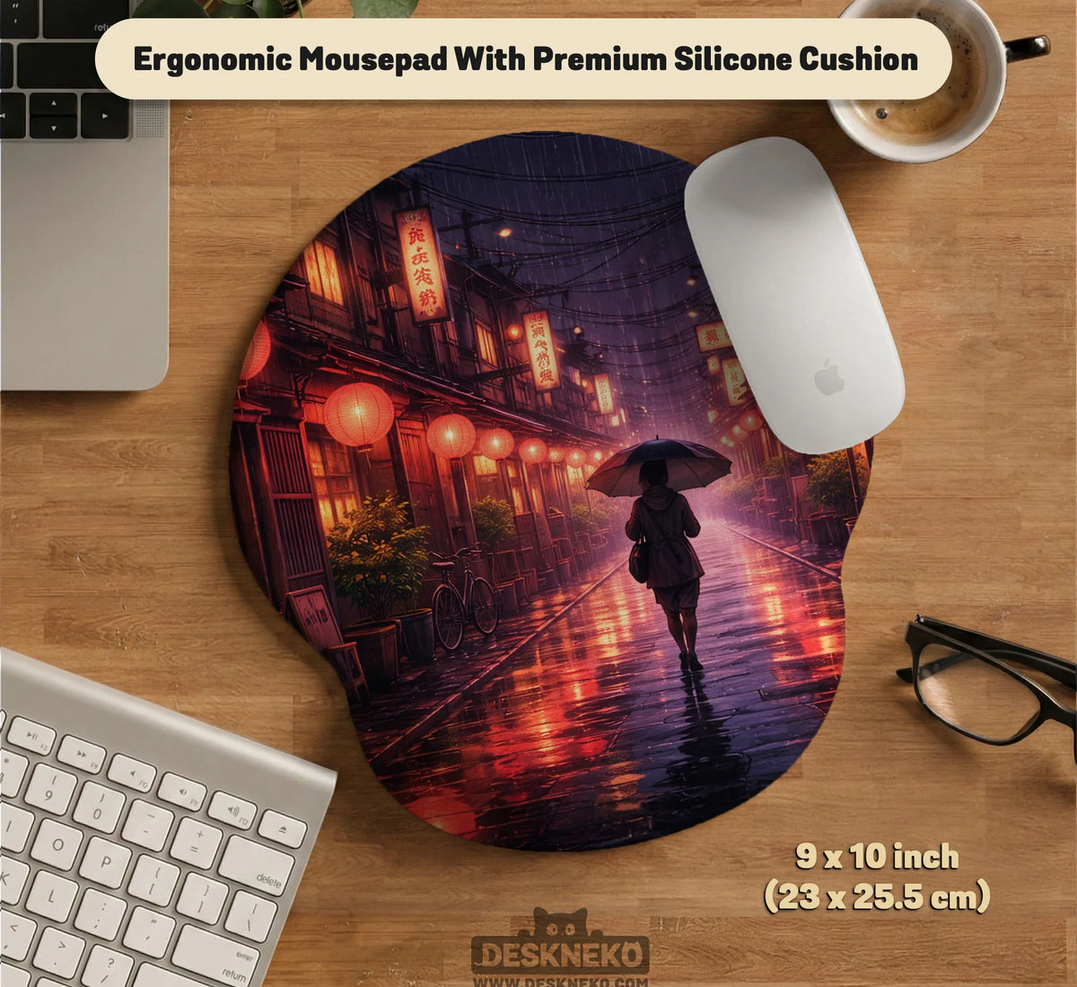 Lofi Anime Desk Mat XXL Extended Japanese Rainy Street - Deskneko