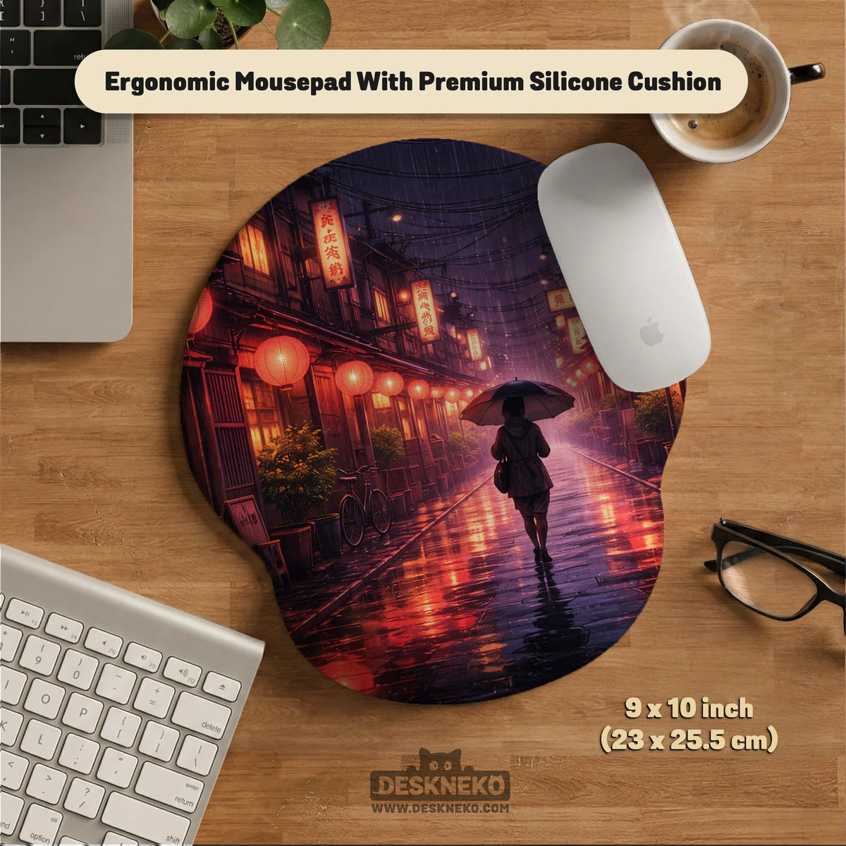 Lofi Anime Desk Mat XXL Extended Japanese Rainy Street - Deskneko