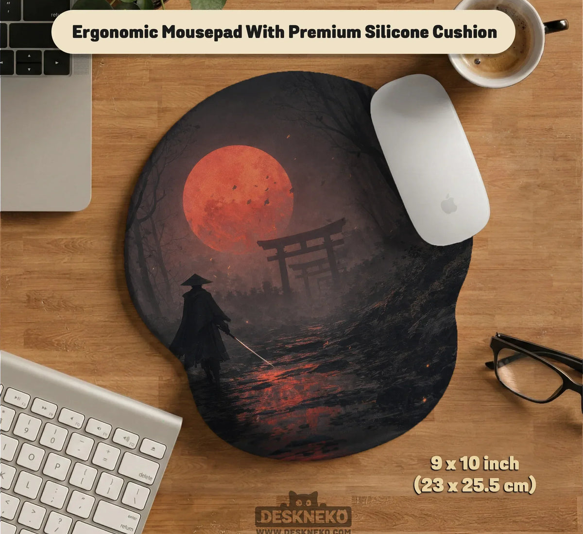 Samurai Red Moon Ergonomic Mousepad & Keyboard Wrist Rest - Deskneko