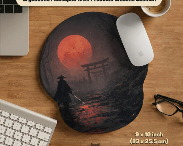Samurai Red Moon Ergonomic Mousepad & Keyboard Wrist Rest - Deskneko