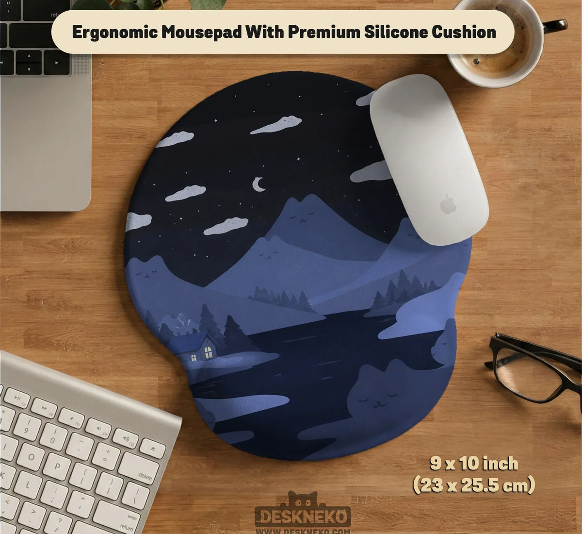Navy Blue Mousepad Wrist Rest With Cat Shaped Hills - Deskneko