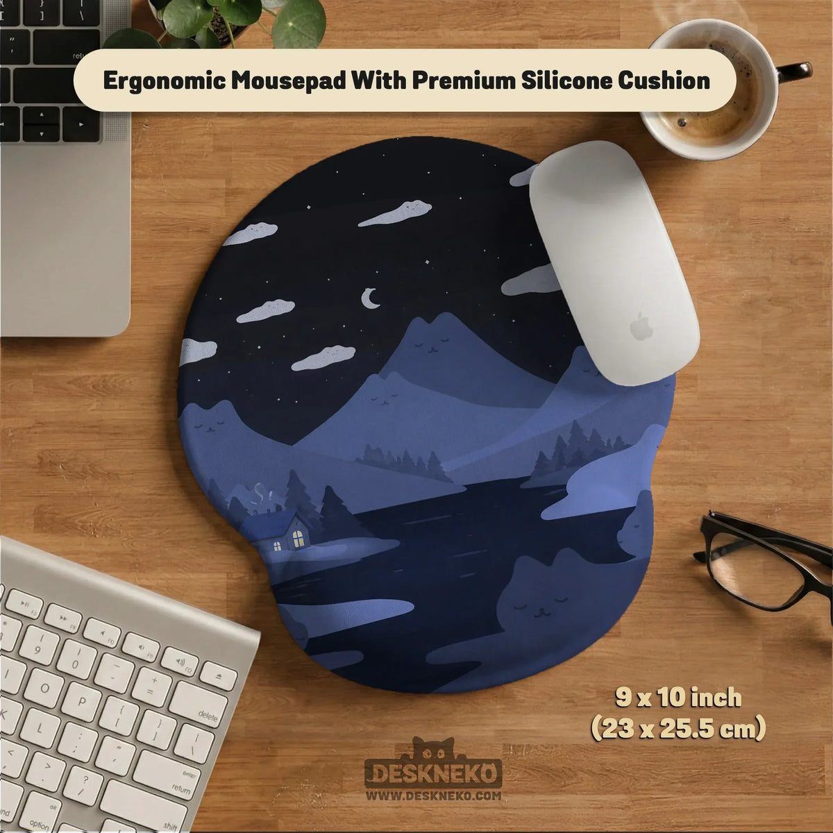 Navy Blue Mousepad Wrist Rest With Cat Shaped Hills - Deskneko