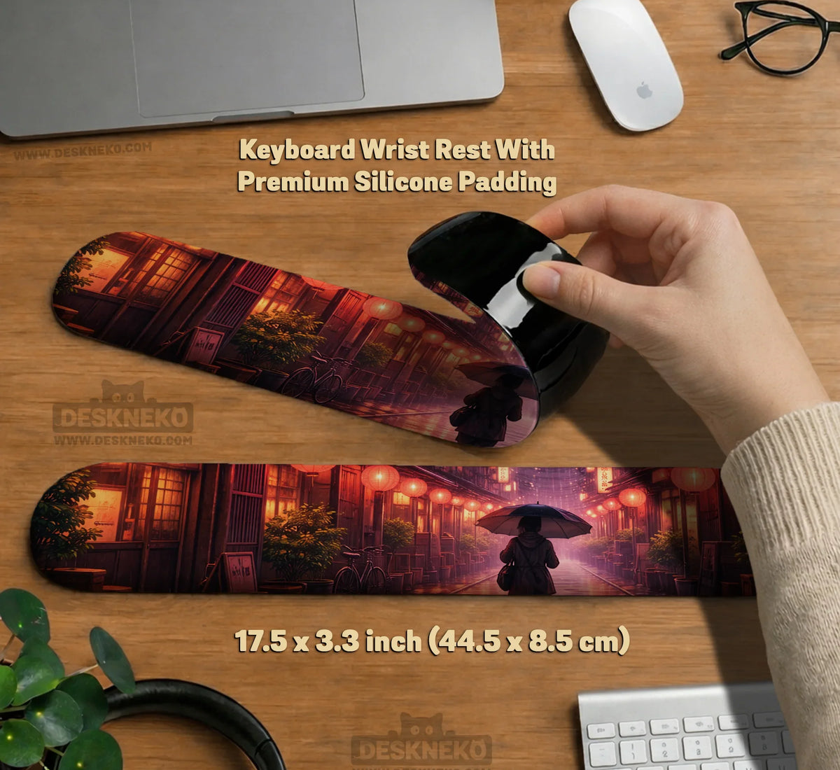 Lofi Anime Desk Mat XXL Extended Japanese Rainy Street - Deskneko