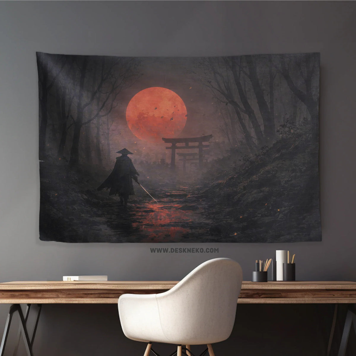 Samurai Red Moon Wall Tapestry Decor - Deskneko