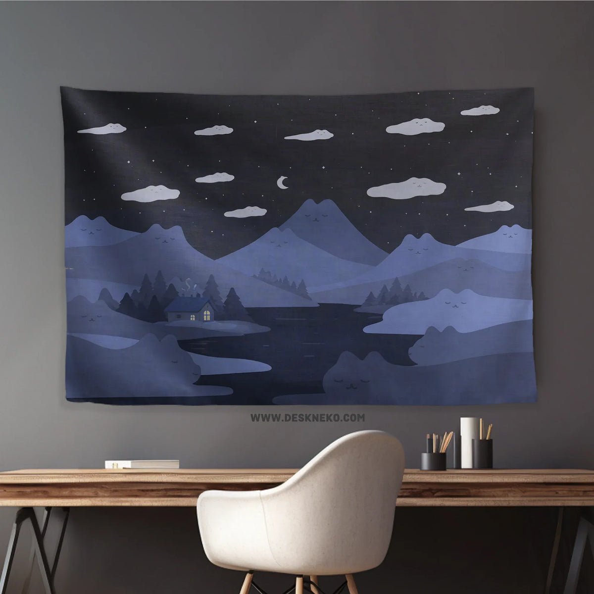 Navy Cat Hills Wall Tapestry Cozy Night Landscape - Deskneko
