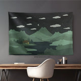 Green Cat Hills Wall Tapestry Cozy Night Landscape - Deskneko