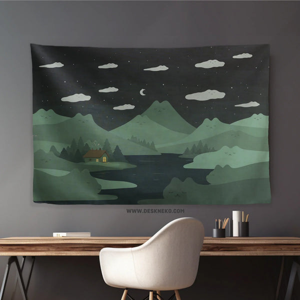 Green Cat Hills Wall Tapestry Cozy Night Landscape - Deskneko