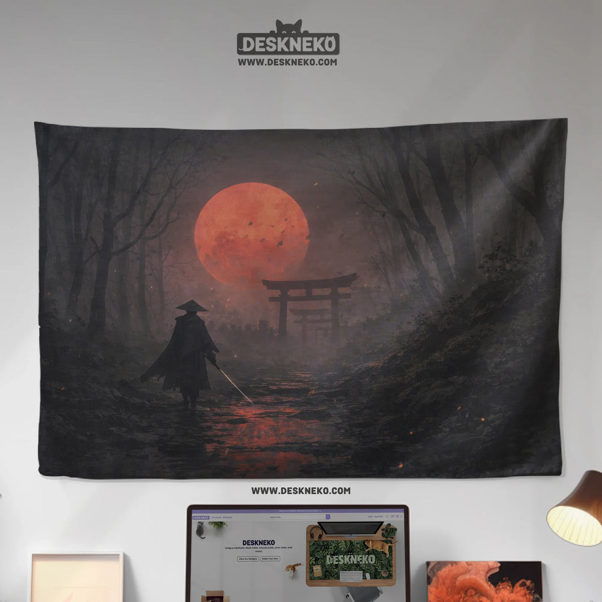 Samurai Red Moon Wall Tapestry Decor - Deskneko