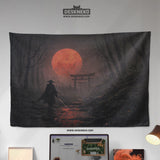 Samurai Red Moon Wall Tapestry Decor - Deskneko