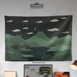 Green Cat Hills Wall Tapestry Cozy Night Landscape - Deskneko