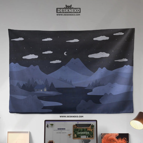 Navy Cat Hills Wall Tapestry Cozy Night Landscape - Deskneko