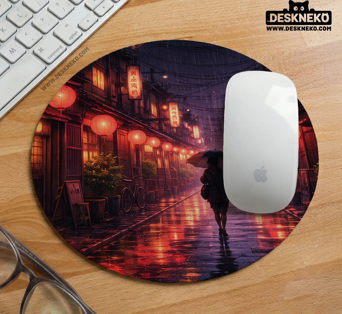 Lofi Anime Desk Mat XXL Extended Japanese Rainy Street - Deskneko