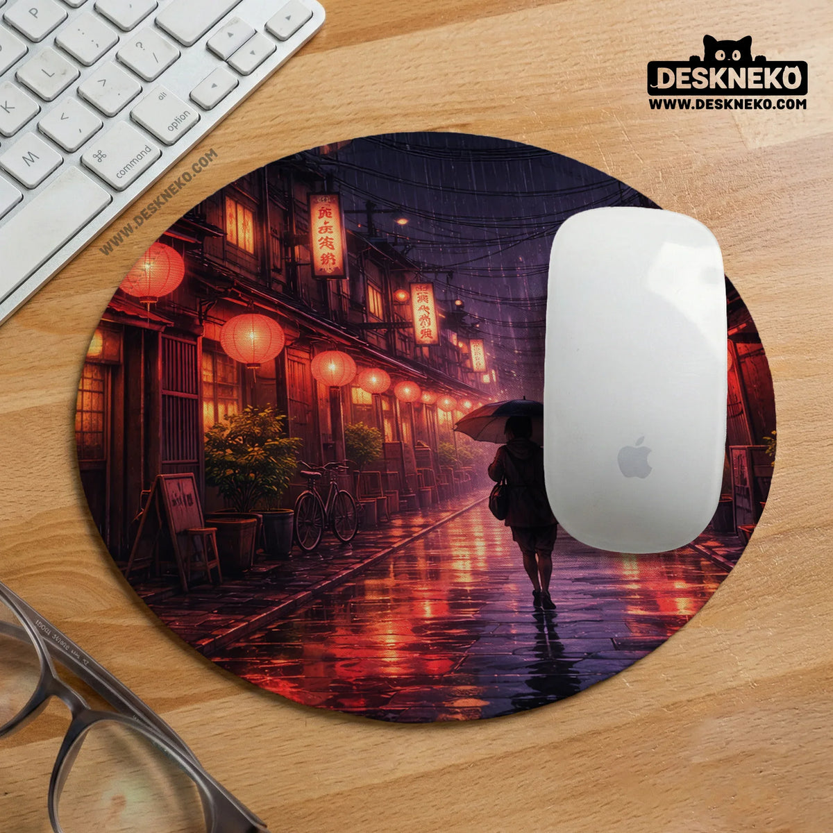 Lofi Anime Desk Mat XXL Extended Japanese Rainy Street - Deskneko