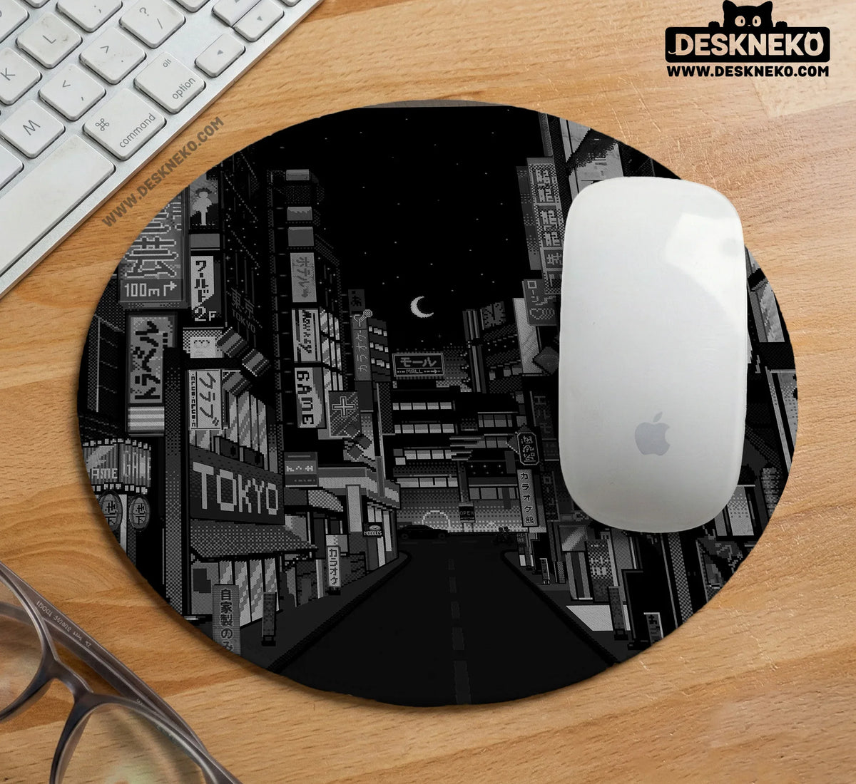 Black White Tokyo Night Desk Mat, Cyberpunk Japanese Street Mousepad - Deskneko