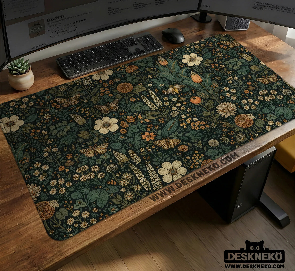 Dark Floral Cottagecore Desk Mat with Botanical Butterflies - Deskneko